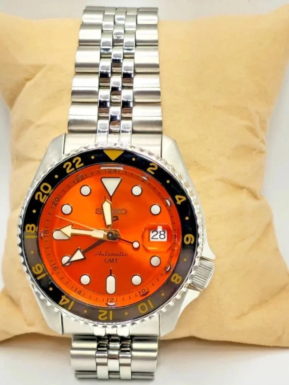Seiko 5 Sports SSK005 Automatic GMT Orange Dial Mens Watch 43mm Steel Bracelet